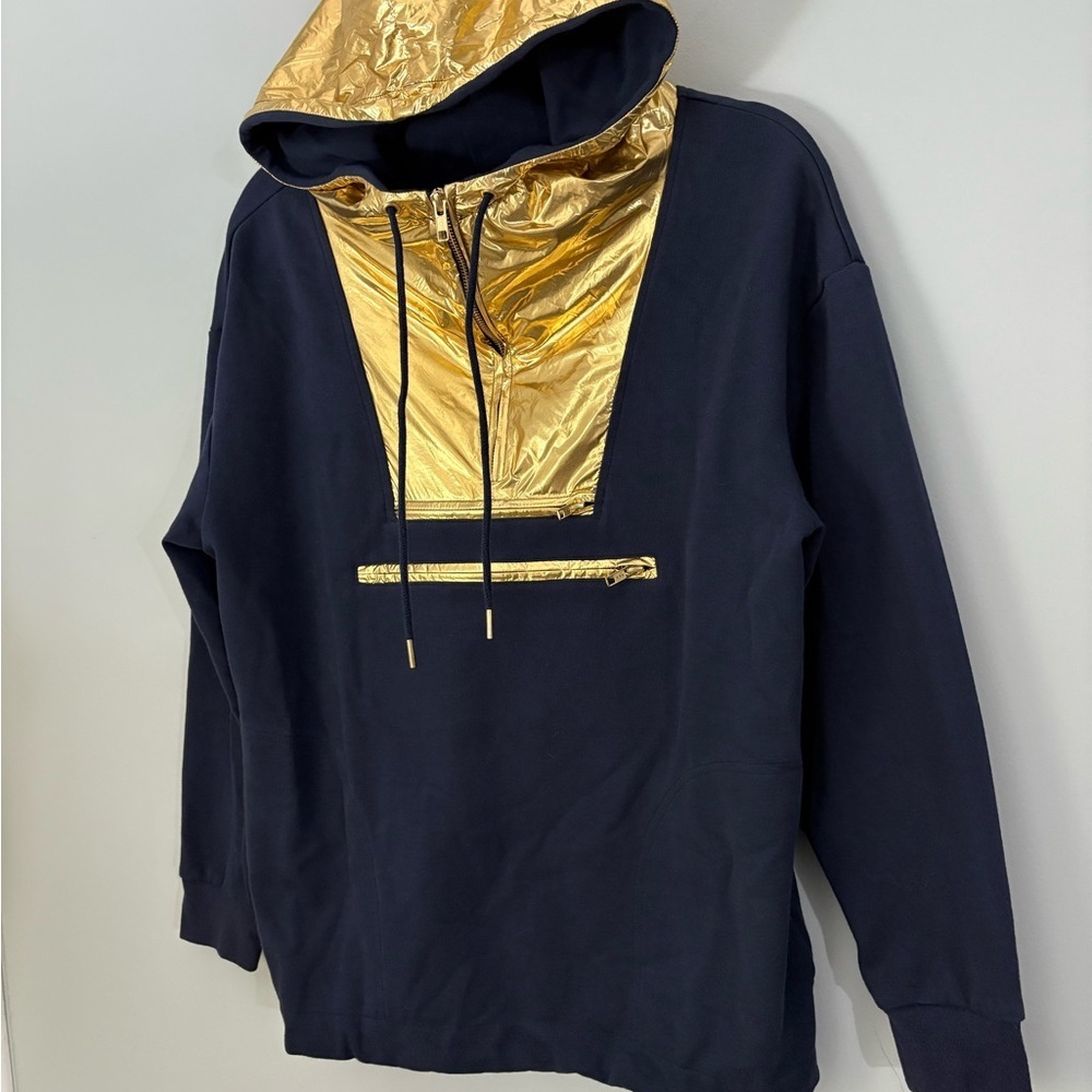 J.Crew Gold Foil Hoodie Navy Metallic Pullover Sweatshirt Size Small - Picture 3 of 16